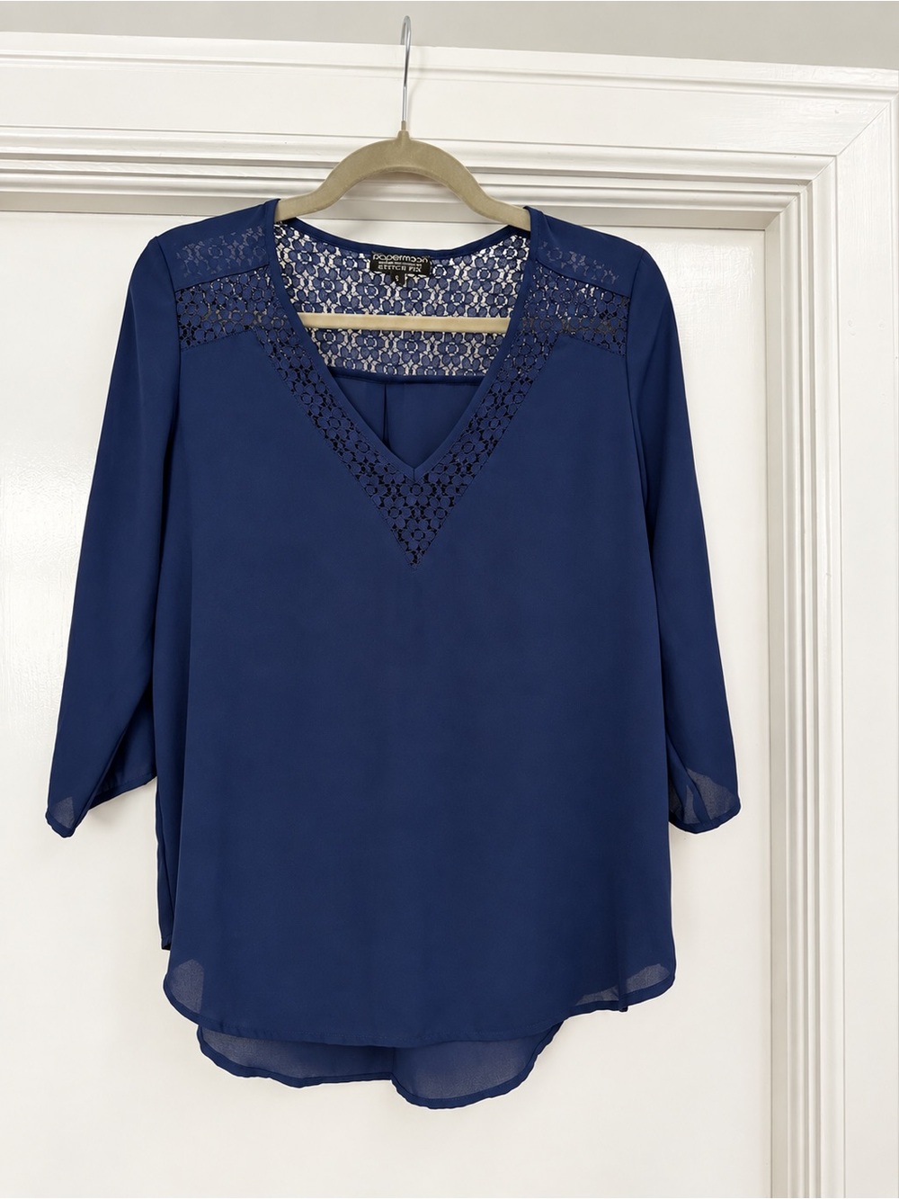 Papermoon Stitch Fix Navy V-Neck Lace Accent Blouse, Size S